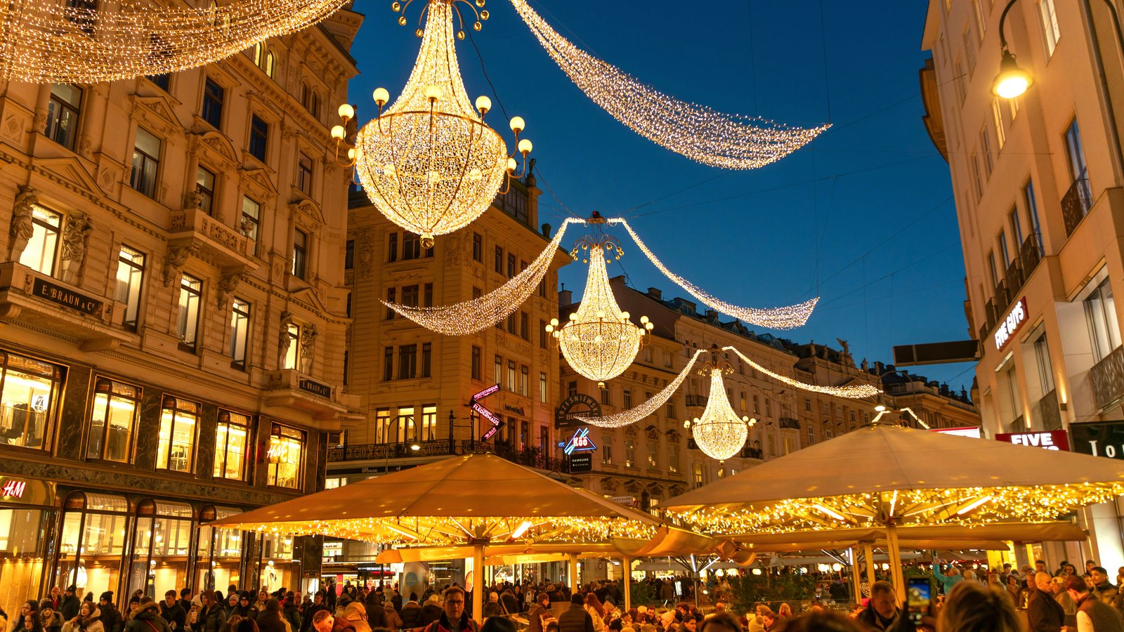 Vienna evening street lit by chandeliers in the Innere Stadt