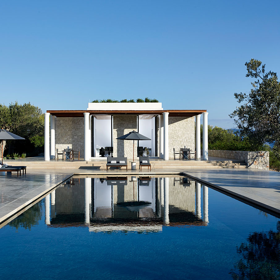 View from a private Amanzoe villa pool, illustrating the hotel's tranquil outdoor atmosphere, not its spa