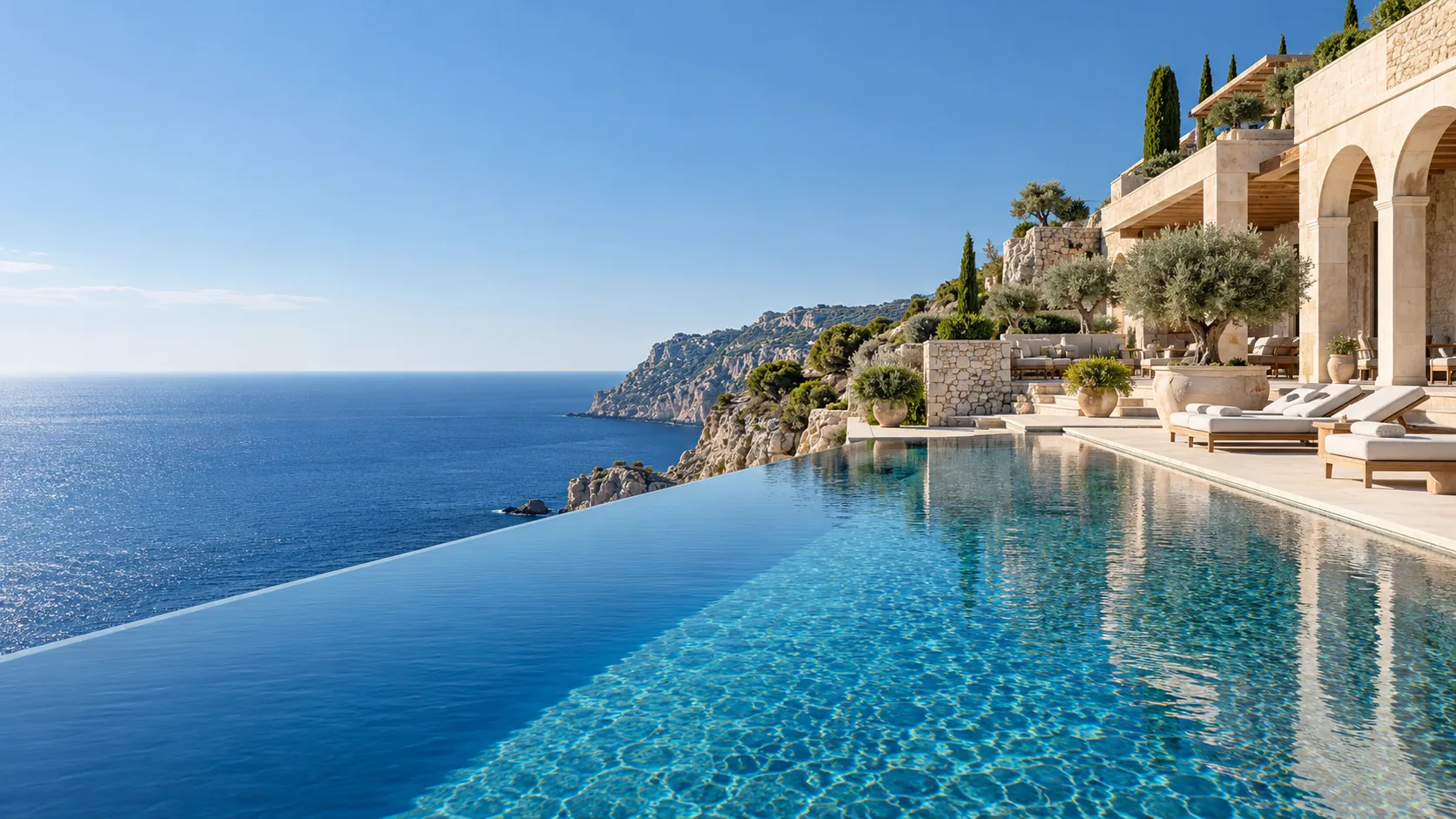 AI-concept Mediterranean resort with infinity pool and sea view