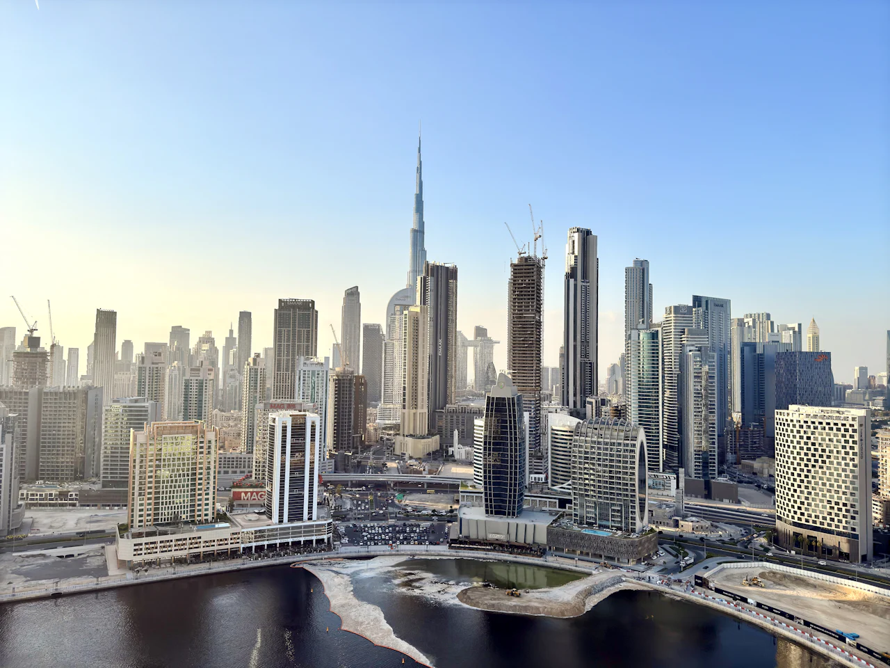 Downtown Dubai skyline including Burj Khalifa in daylight