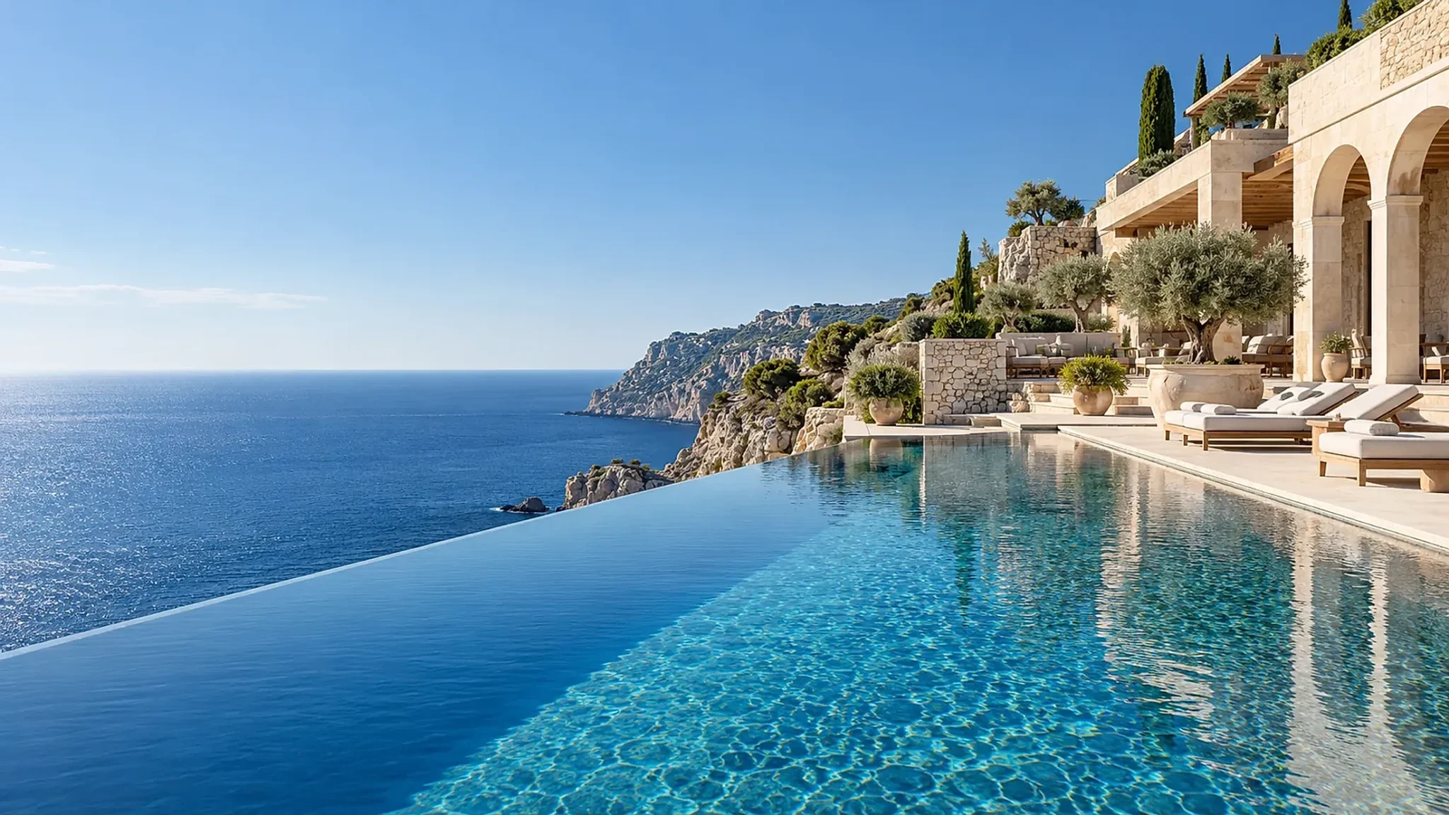 AI-concept Mediterranean resort with infinity pool and sea view